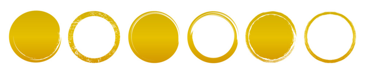 Wall Mural - Set different circle brush strokes, simple brushes with gold gradation, hand drawn paint brush circle logo gold frame isolated