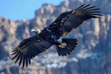 Wall Mural - A California condor soaring over the Grand Canyon, its massive wingspan and striking black and white plumage visible against the deep blue sky.