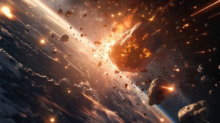 Wall Mural - large metallic asteroids from outer space are hurtling toward our planet causing a dramatic collisio
