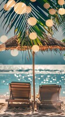 A beautiful beach with two wooden sunbeds under an umbrella, the sea is calm and blue, sunlight reflects on it, there are some green palm leaves hanging above, a photo taken from behind them. 