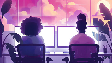 Two People Working on Computers at Sunset.