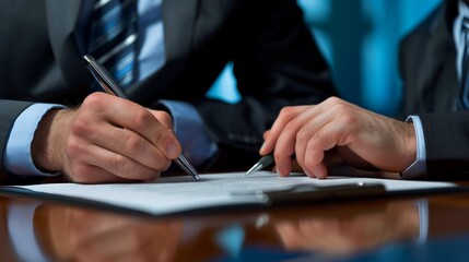 two professionals in suits reviewing and signing a document at a desk, make a deal concept