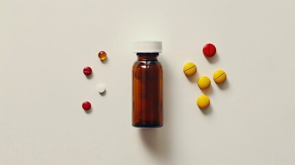 Poster - Medicine bottle and pills arrangement on a white background