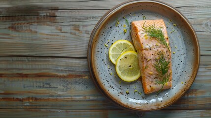 Wall Mural - Top View of Baked Salmon with Lemon and Dill on Rustic Wooden Table