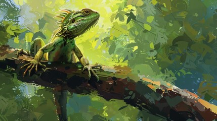 Wall Mural - majestic green crested lizard perched on branch vibrant scales glistening in sunlight digital painting