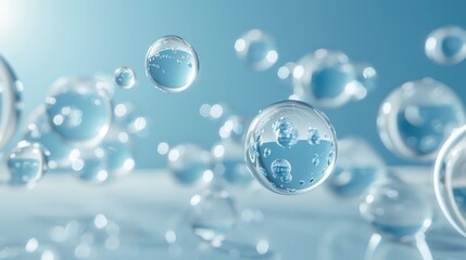 abstract blue background with floating water droplets, creating a refreshing and ethereal effect.