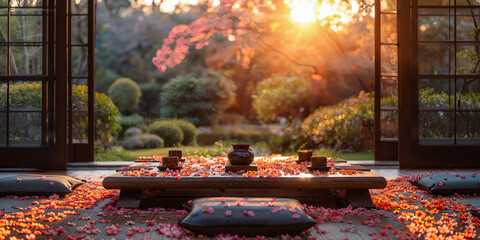 Asian style house with wooden table and open wooden doors with flowers covering all floor, serene landscape at sunset.