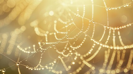 Spider web with morning dew drops on a tree in the forest with a background of greenery and blurred soft sunlight.