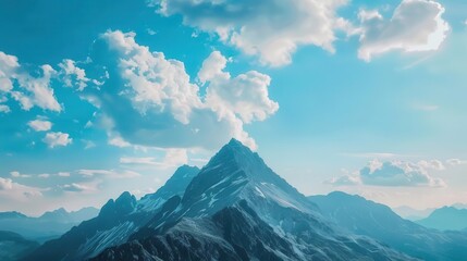 Wall Mural - majestic mountain peak at sunrise clouds floating above serene blue sky travel background