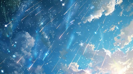 Wall Mural - meteorites falling through the blue sky resembling shooting stars and daytime fireballs create an en