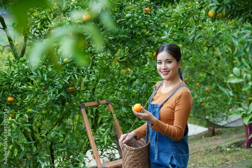Smiling Asian woman wearing denim overalls holding an orange in orange ...