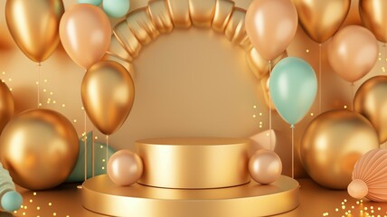 Wall Mural - A festive round podium on the background of golden balls is an empty showcase for displaying goods. 3D rendering.