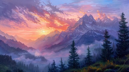 Wall Mural - majestic sunset casting vibrant hues over misty mountain peaks oil painting on canvas