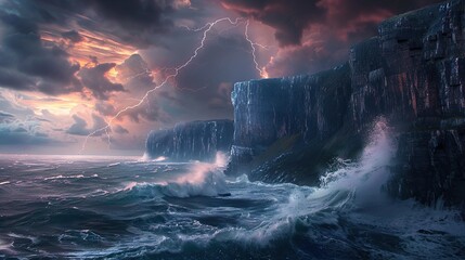 Rugged cliffs are hit by strong winds and fierce sea waves accompanied by thunderstorms with extreme weather