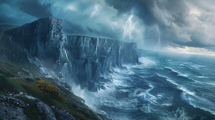 Rugged cliffs are hit by strong winds and fierce sea waves accompanied by thunderstorms with extreme weather