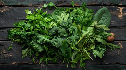 Wall Mural - Fresh Green Vegetables Arrangement on Rustic Wooden Background