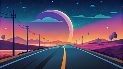 Poster - A long, straight road leading into a colorful sunset.