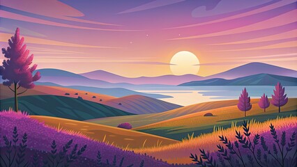 Canvas Print - Rolling hills and valleys under a colorful sunset.