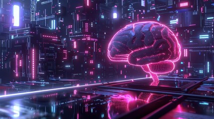 Wall Mural - futuristic ai electronic brain with metallic neural data storage and neon lights artificial intelligence concept 3d illustration