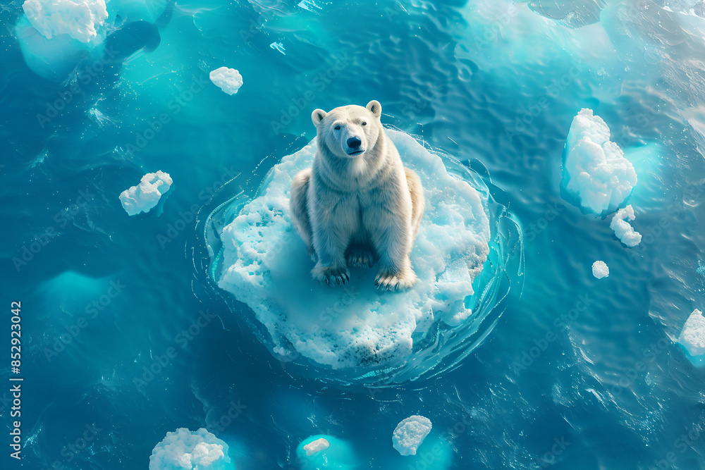 Polar bear on dwindling ice floe in Arctic, highlighting climate change ...