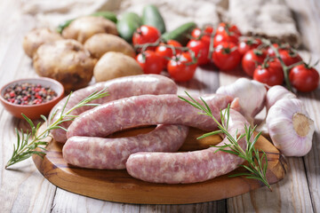 Wall Mural - Fresh sausages with rosemary and ingredients for cooking