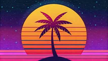 Poster - A palm tree silhouette against a vibrant sunset.