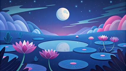 Canvas Print - A tranquil pond with blooming lotus flowers and a full moon.