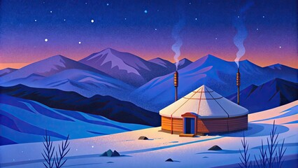 Canvas Print - A yurt in a snowy mountain landscape at twilight.