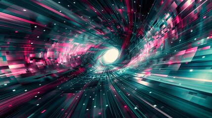 Wall Mural - Abstract Digital Tunnel With Pink and Teal Lights