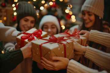 Wall Mural - Group of friends in winter attire exchanging beautifully wrapped Christmas gifts, sharing joy and laughter around a festive tree.