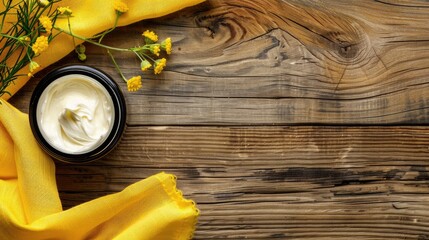 Wall Mural - Natural skincare cosmetic cream jars mockup on wooden background with yellow napkin