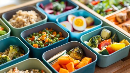 Vegetarian lunch boxes with a variety of fresh vegetables, rice and sauces. Healthy eating for an active lifestyle. Colorful and delicious lunches with broccoli, carrots, zucchini, tofu and beans