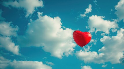 Wall Mural - Photo of a heart symbol on a love themed background with a blue sky and white clouds captured in high quality