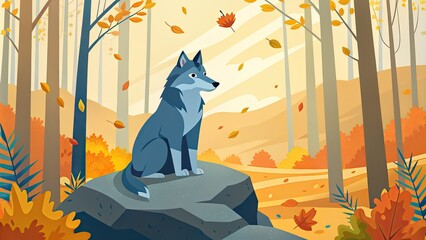 Poster - A wolf howling on a hill with autumn leaves falling.