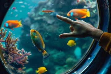 Close-up of a student's hand pointing to a colorful fish swimming past the submarine window in an aquarium study session.