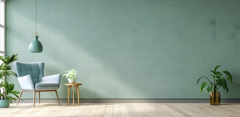 Canvas Print - empty wall in living room with green and white color theme, Scandinavian interior design