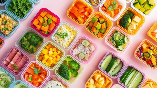 Vegetarian lunch boxes with a variety of fresh vegetables, rice and sauces. Healthy eating for an active lifestyle. Colorful and delicious lunches with broccoli, carrots, zucchini, tofu and beans