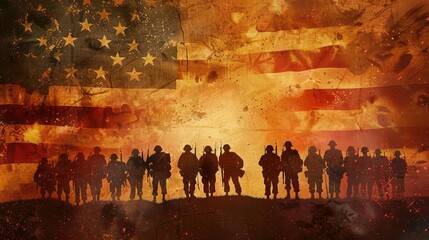 silhouettes of soldiers standing in front of an american flag illustration