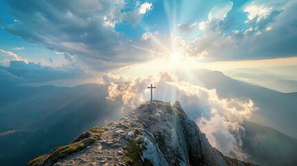 Clouds surrounding a cross on a mountaintop, with sunlight streaming through, highlighting themes of hope and salvation