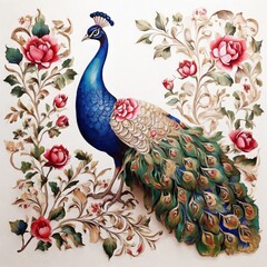 pattern Mughal peacock painting with mughal king on white background