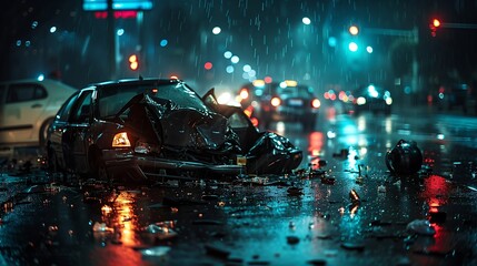 Wall Mural - Close-up of a dangerous car accident on a rainy night, shattered glass and twisted metal under streetlights