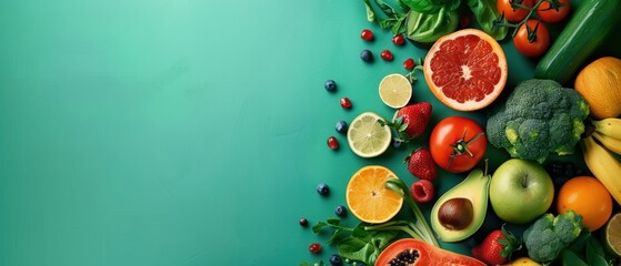 A vibrant assortment of fresh fruits and vegetables arranged on a green background, showcasing a colorful and healthy lifestyle