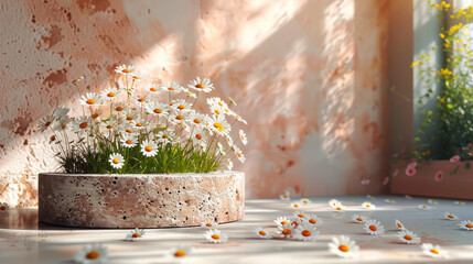 Poster - Stone podium, Cosmetic display stand with daisy blossom flowers on brown background. 3D rendering