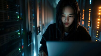 Programming, software, and cyber security with woman and laptop at night. Ransomware, phishing, and server database, network, and digital crimes with girl programmer