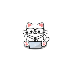 Wall Mural - Cute white cat with tie and glasses working on a laptop cartoon, vector illustration