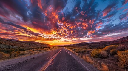 Stunning sunset scenery over an open road with vibrant colors and a dramatic sky creating a captivating scenic view in a serene rural landscape.