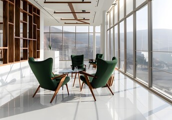 Wall Mural - highrise interior design of an office lounge with green armchairs