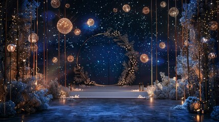 Breathtaking celestial-themed wedding altar set against a starry night sky backdrop,accented with floating orbs of light,ethereal celestial motifs,and an overall enchanting,magical ambiance.