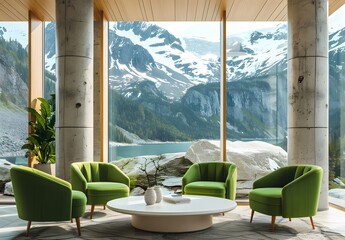 Wall Mural - highrise interior design of an office lounge with green armchairs