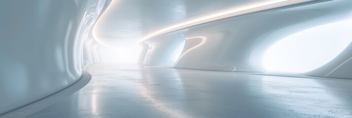 Canvas Print - Futuristic white tunnel with a glowing light at the end,showcasing a clean and modern design concept featuring smooth curves,a reflective surface,and a sense of minimalist elegance.